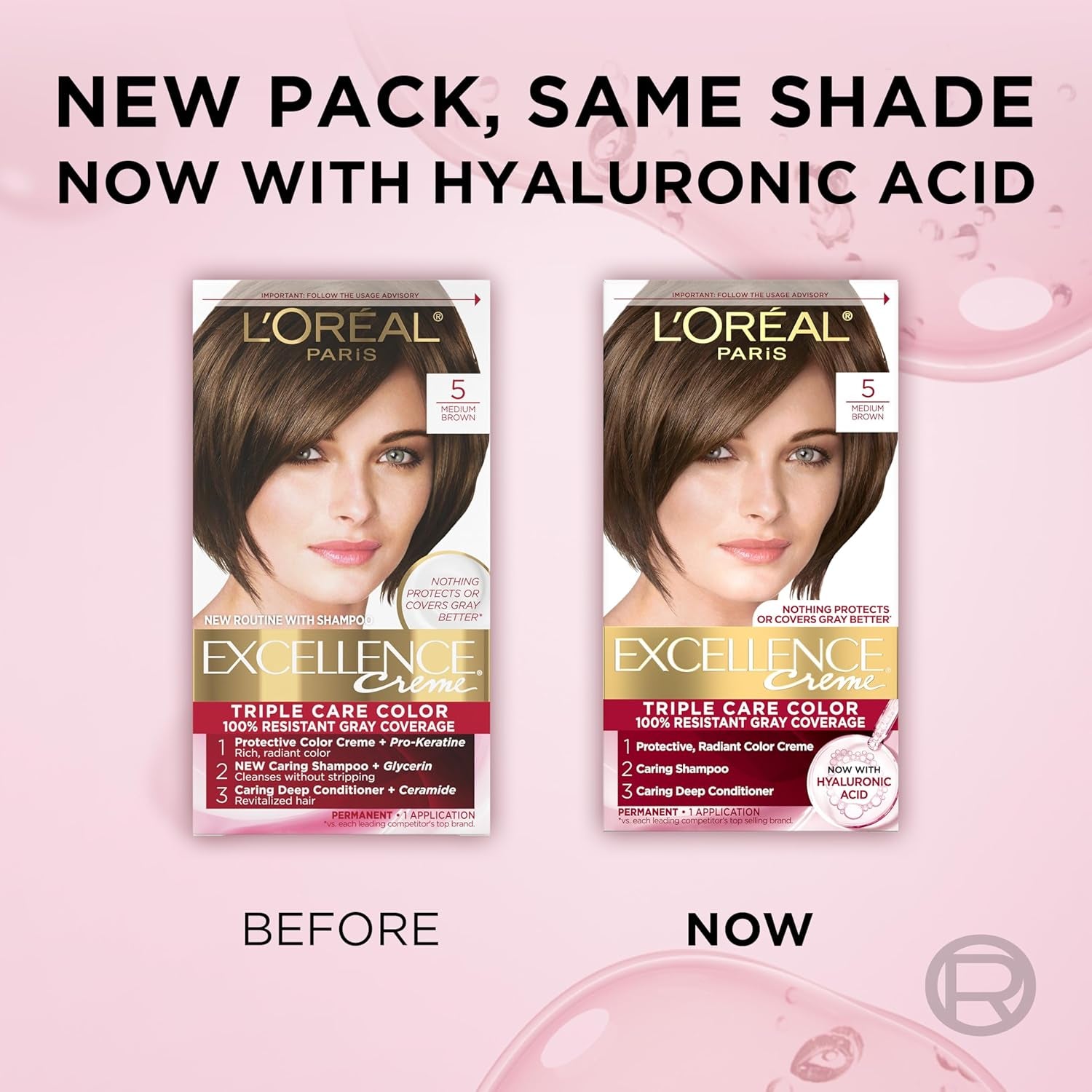 Excellence Crème Permanent Hair Dye - 5 Medium Brown, Triple Care Formula with Hyaluronic Acid for 100% Gray Coverage, 1 Kit (Packaging May Vary)