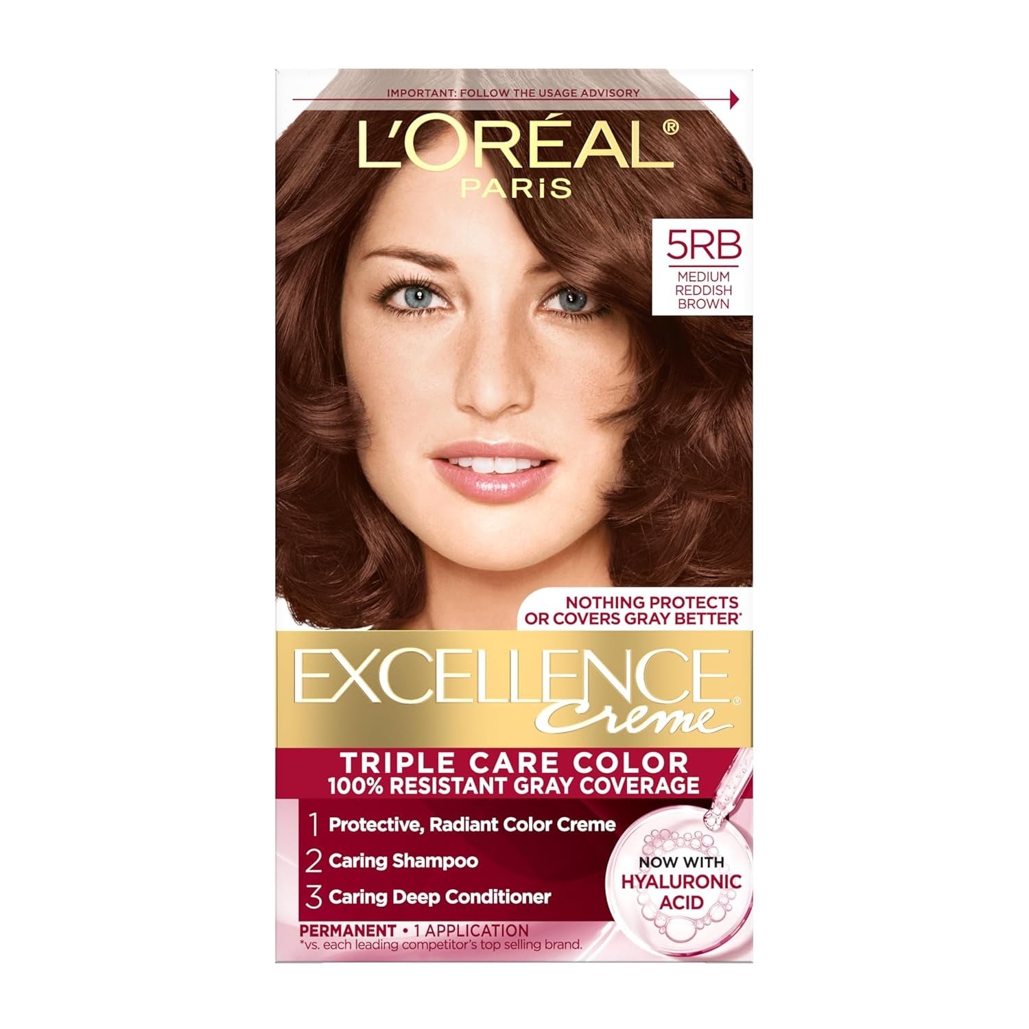 Excellence Crème Permanent Hair Dye - 5 Medium Brown, Triple Care Formula with Hyaluronic Acid for 100% Gray Coverage, 1 Kit (Packaging May Vary)
