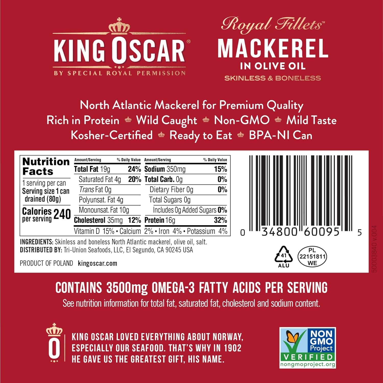 Wild Caught Skinless & Boneless Mackerel in Olive Oil - 4.05 oz Can (Pack of 6) - Delicious and Convenient Seafood Delight!
