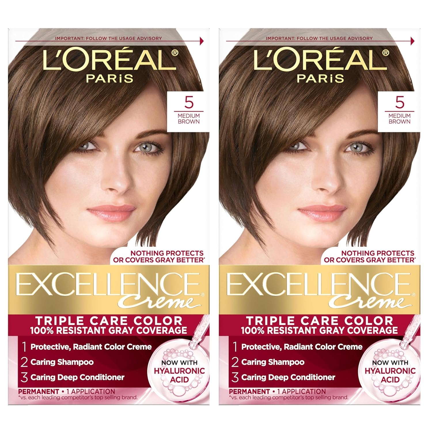 Excellence Crème Permanent Hair Dye - 5 Medium Brown, Triple Care Formula with Hyaluronic Acid for 100% Gray Coverage, 1 Kit (Packaging May Vary)